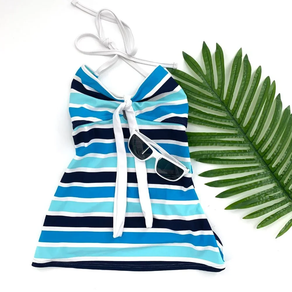 Hula Honey‎ Striped Swimsuit Tank Top Cute Swimwear Blue White Front Tie Medium